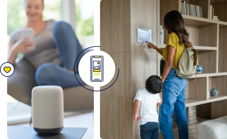 Person using a phone app next to a smart speaker, and a mother and child at a smart thermostat