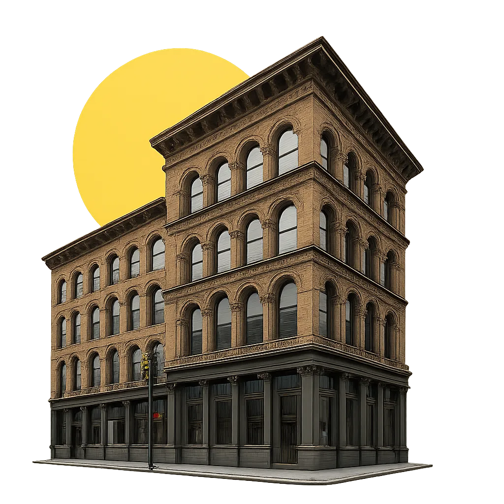 Illustration of a brick office building with a yellow sun behind it