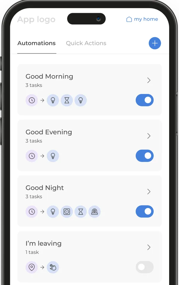 Phone showing smart home automations: Good Morning, Good Evening, Good Night and I'm leaving