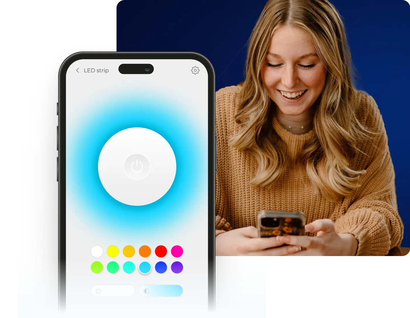 Woman smiling at her phone, next to a phone screen that sets the color of a smart light