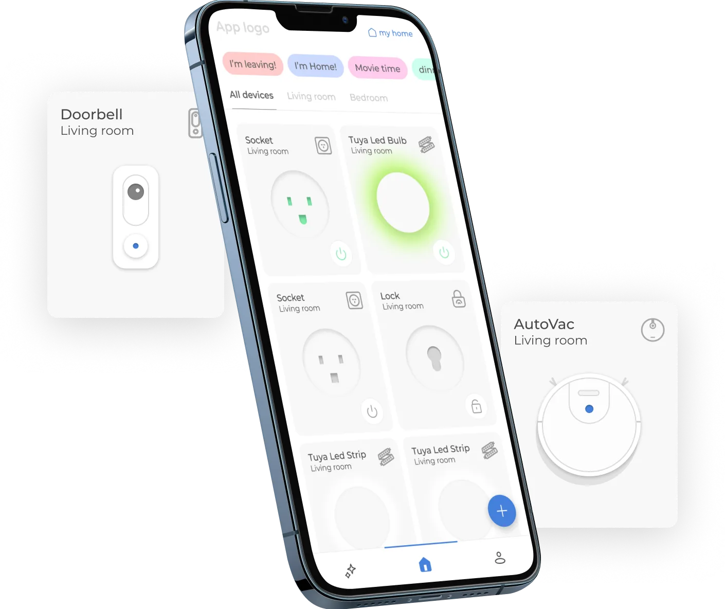 Phone showing a smart home app with device cards for a doorbell, sockets, a lock and a robot vacuum