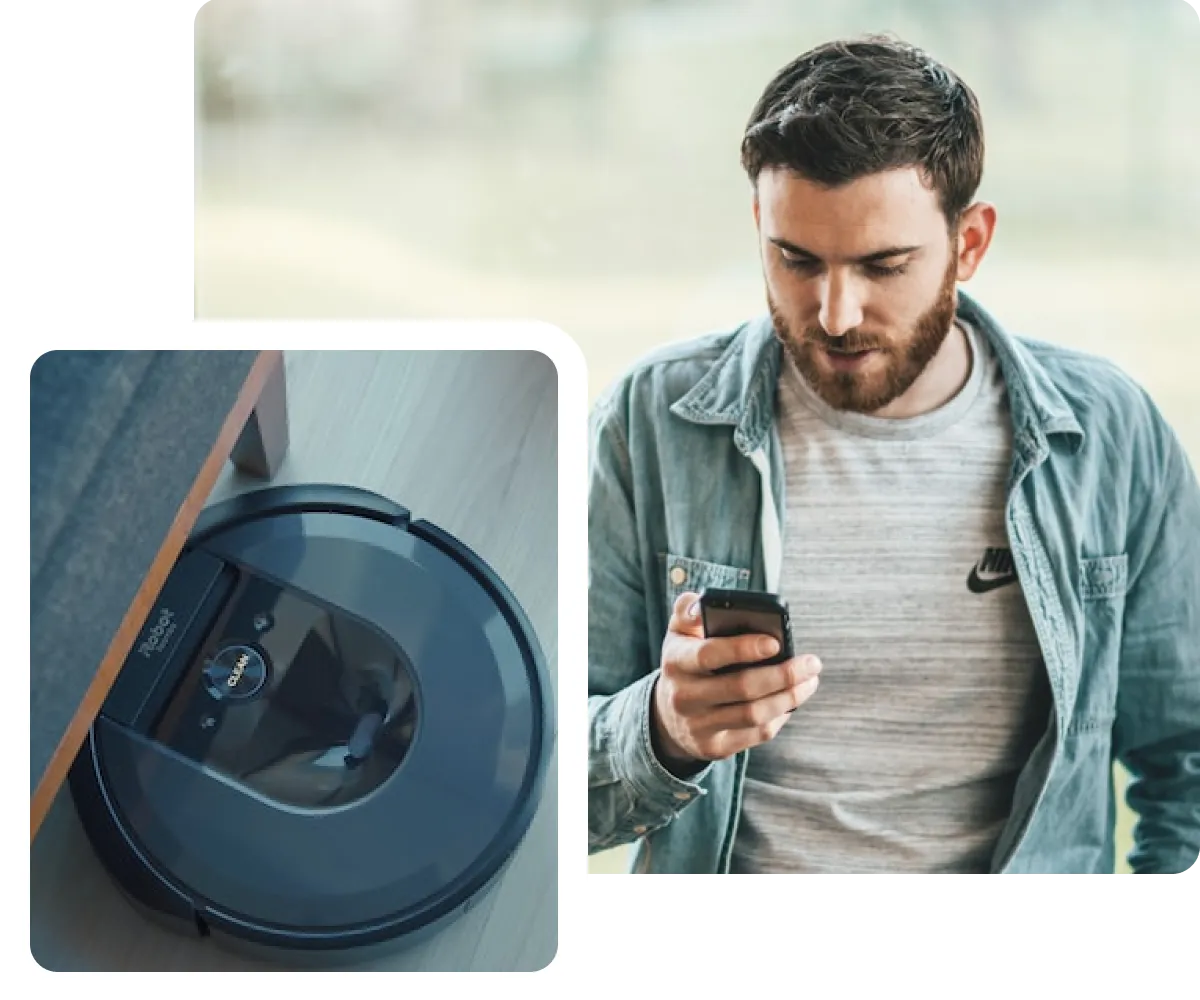 Man using his phone, next to an inset photo of a robot vacuum