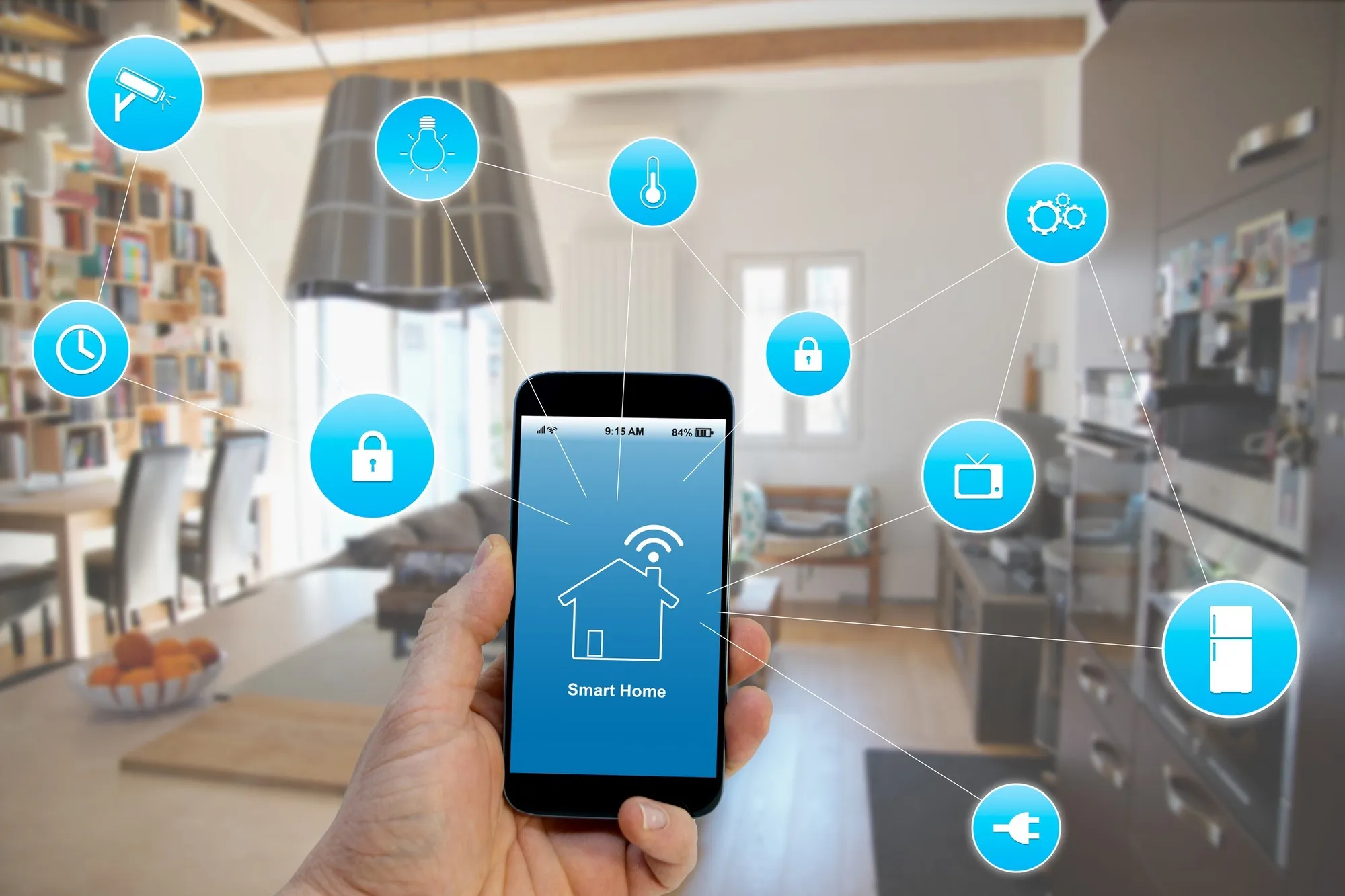 Hand holding a phone with a smart home app, surrounded by icons for connected devices in a living room