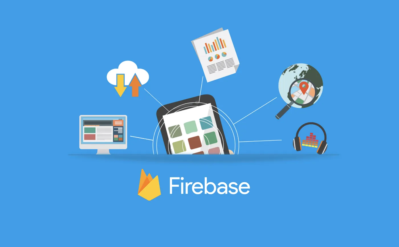 Firebase logo with icons for cloud sync, analytics, maps and connected devices