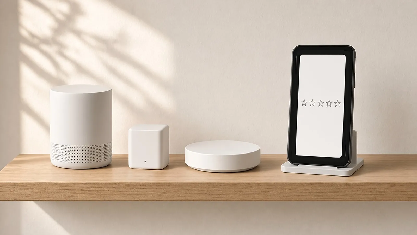 Unbranded smart home devices on a shelf next to a phone showing a row of five plain star outlines