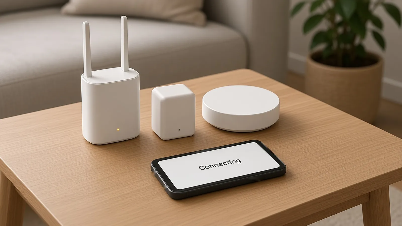Router and smart plug on a side table next to a phone screen that says Connecting
