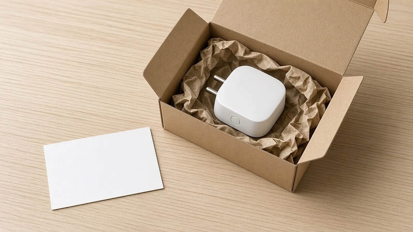 Opened plain box with a smart plug and a blank card beside it