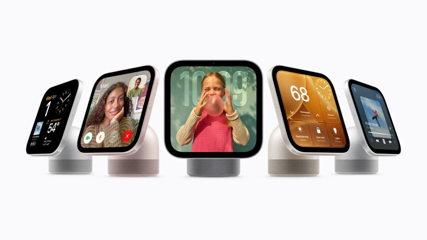 Five HomeView displays in a row showing a clock, a FaceTime call, a photo, a 68 degree thermostat screen and a music player