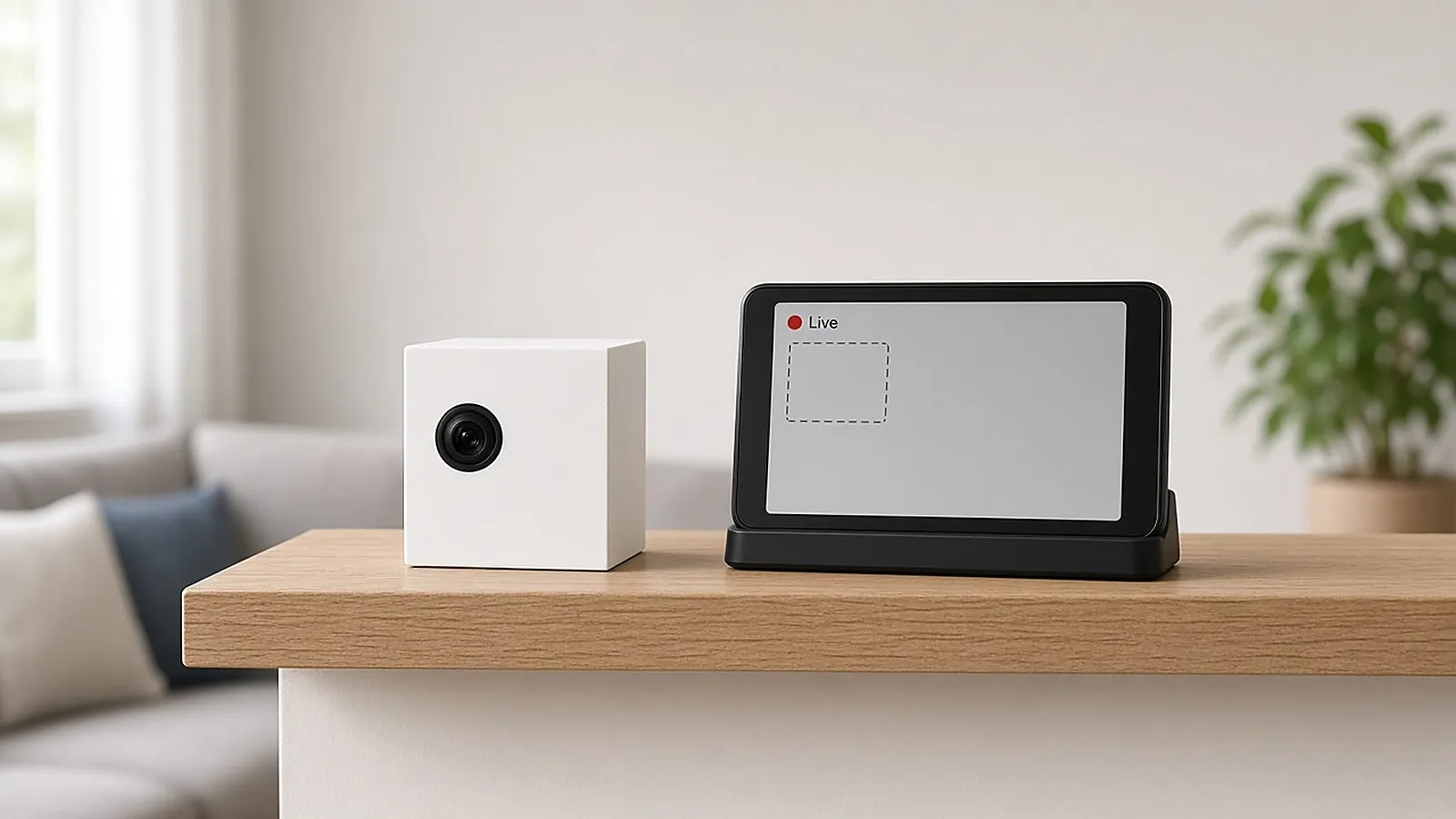 Neutral white indoor camera on a shelf next to a phone showing a blank Live view panel labeled Live