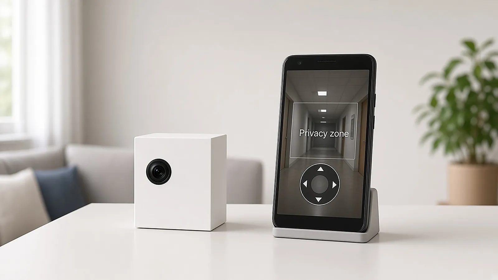 Phone UI showing a blank hallway camera feed with a Privacy zone box and PTZ controls