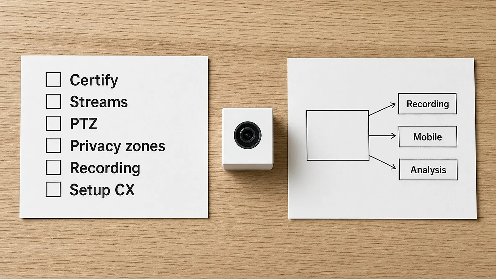 Checklist for Matter camera roadmap next to a camera and multi-stream diagram labeled Recording Mobile Analysis
