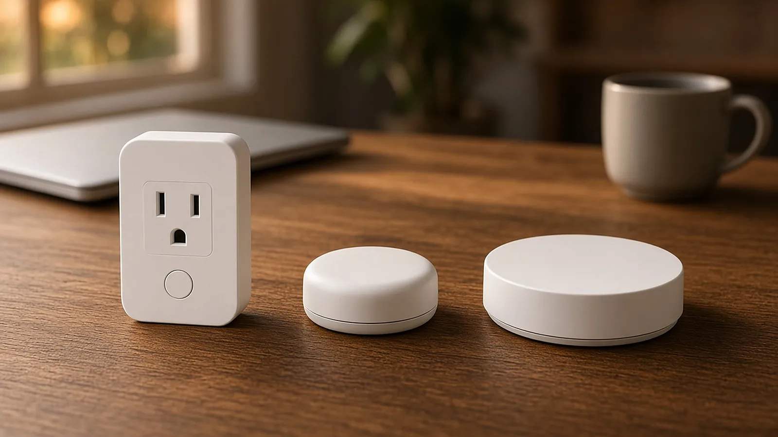 An unbranded smart plug, a small round battery sensor and a white puck-shaped hub on a wooden desk in warm evening light.