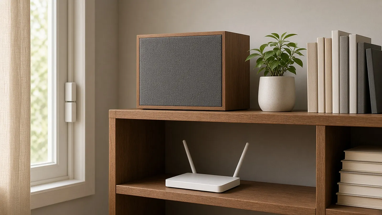 A living room shelf with a generic fabric speaker, a plant and books, a white Wi-Fi router on the shelf below and a small sensor on the window frame nearby.