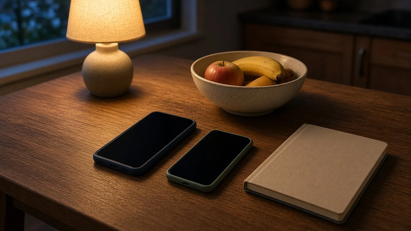 Two different smartphones with dark screens on a kitchen table next to a glowing table lamp at dusk.
