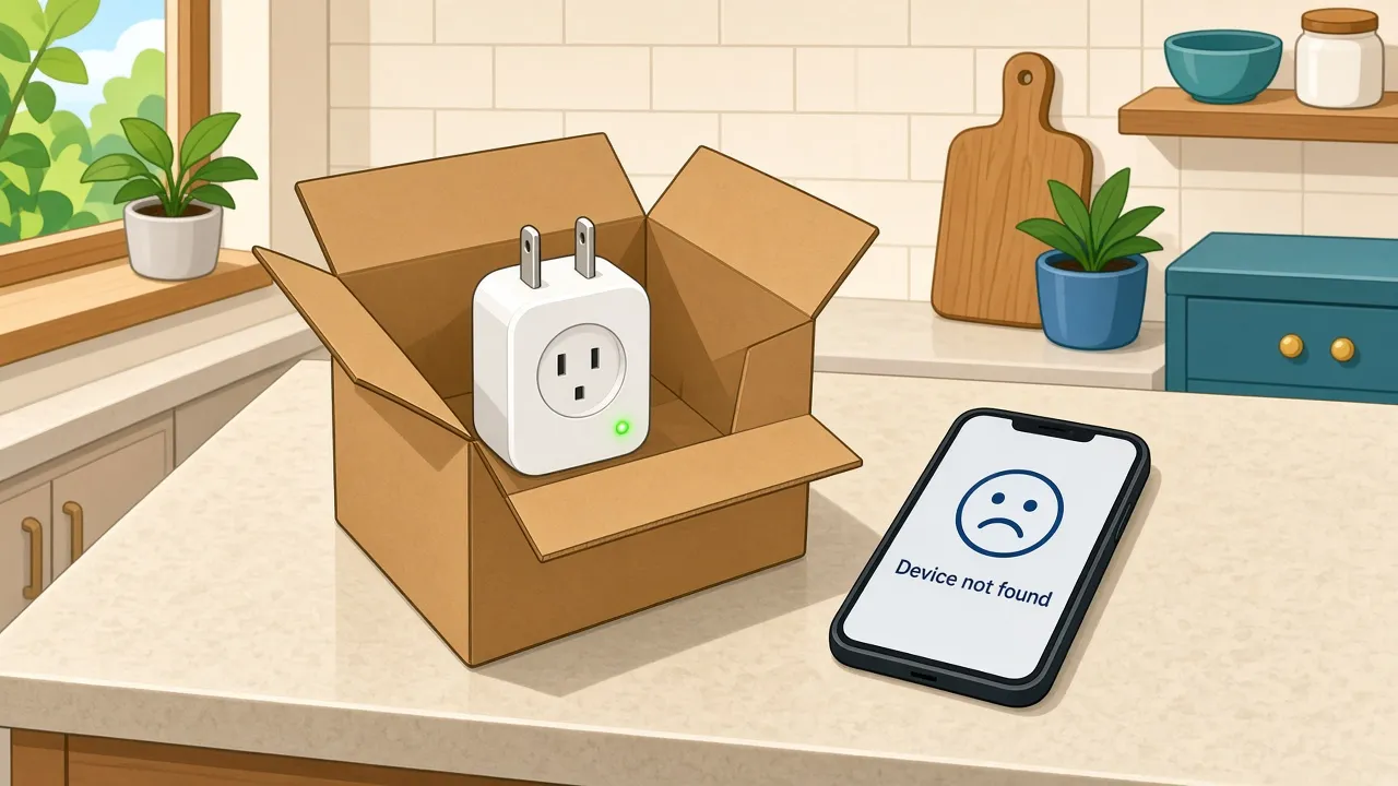 Flat cartoon of a white smart plug with a glowing green light inside an open cardboard box on a kitchen counter, next to a phone showing a sad face and "Device not found"