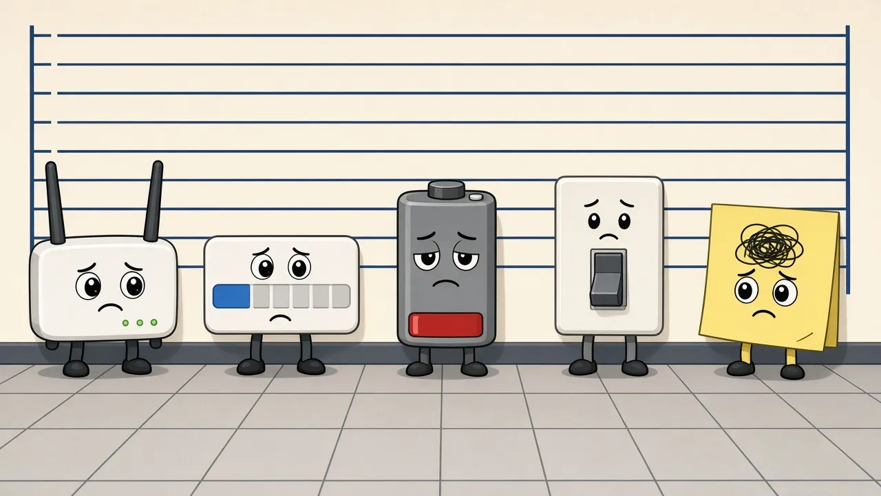 Cartoon police lineup of five sad suspects: a router, a stalled progress bar, a dead battery with a red bar, a light switch and a sticky note covered in a scribble