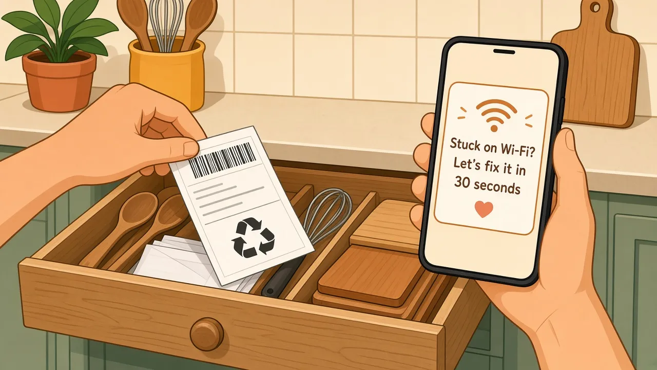 One hand puts a barcode return label into a kitchen drawer while the other holds a phone reading "Stuck on Wi-Fi? Let's fix it in 30 seconds"