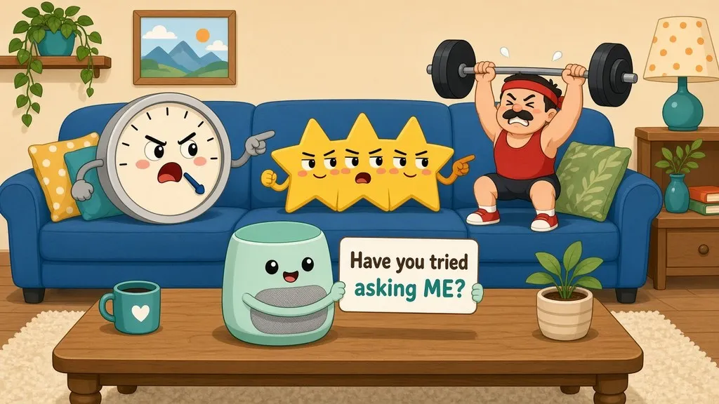 Cartoon NPS, CSAT and CES gauges argue on a couch while a smart speaker holds a sign: "Have you tried asking ME?"