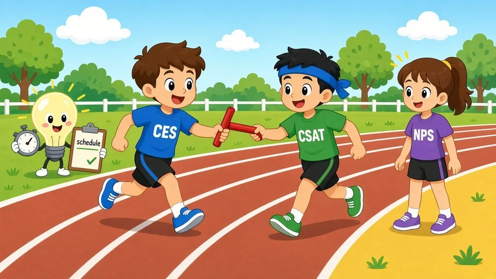 Relay race where CES passes a baton to CSAT, then NPS, while a smart bulb with a stopwatch and schedule clipboard keeps time