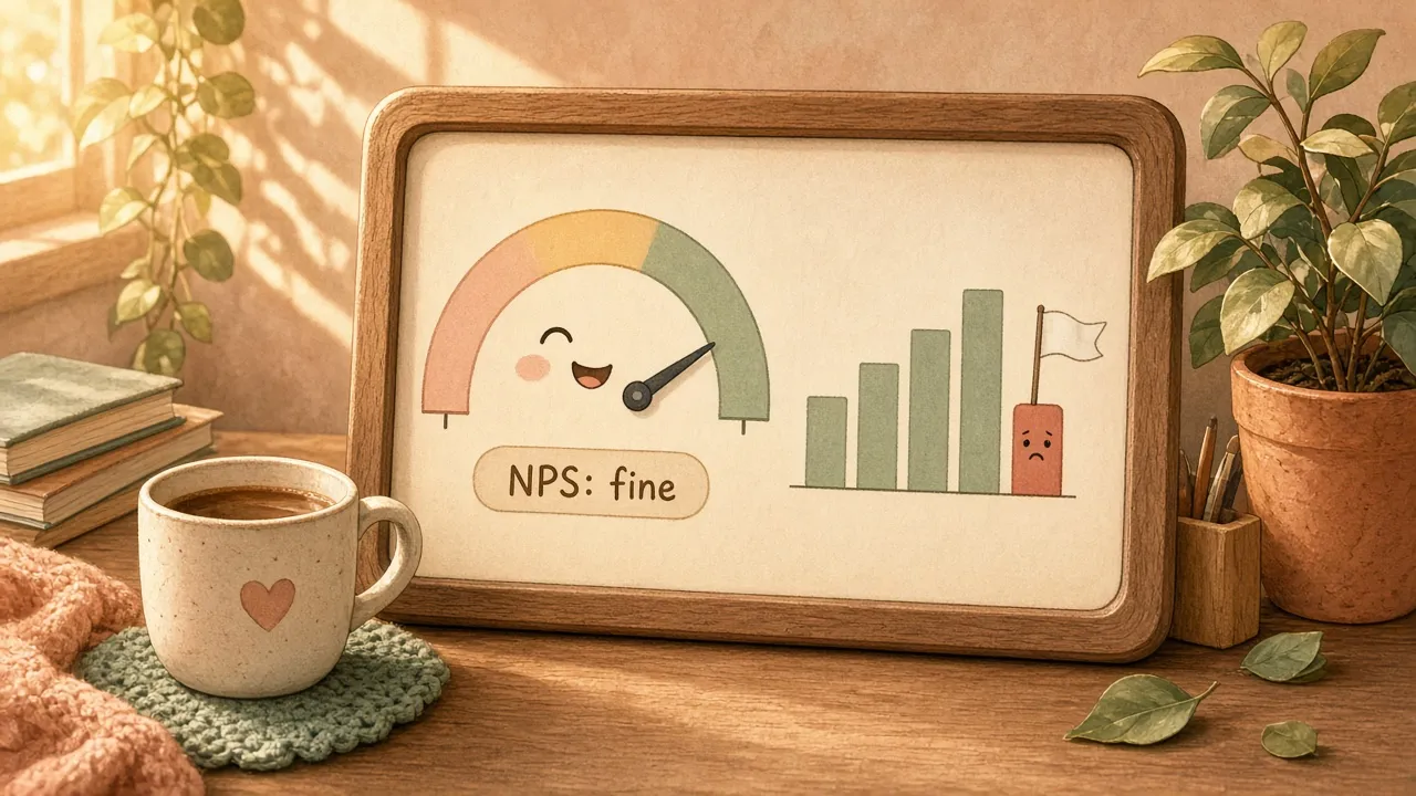 Cheerful dashboard showing a friendly NPS: fine score while one small red bar on a segment chart waves a tiny white flag