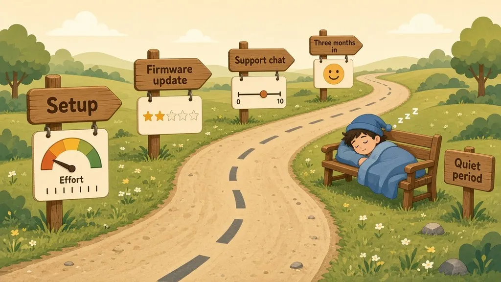 Road with signposts Setup, Firmware update, Support chat, Three months in, and a sleepy customer napping on a bench beside a Quiet period sign