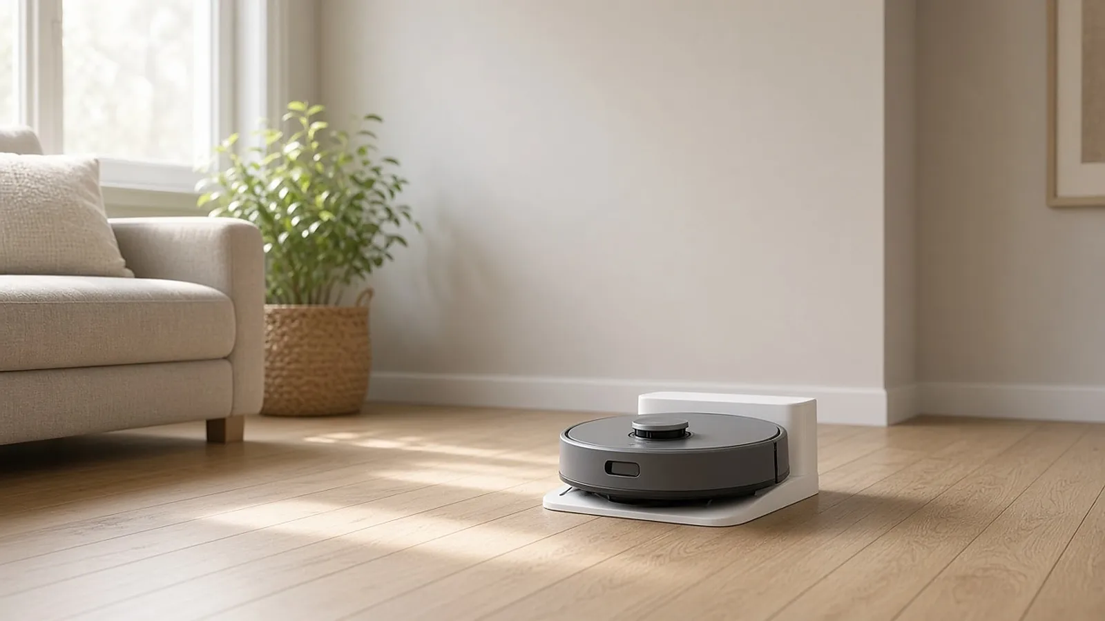 Unbranded round robot vacuum docked against the wall of a tidy living room in soft morning light