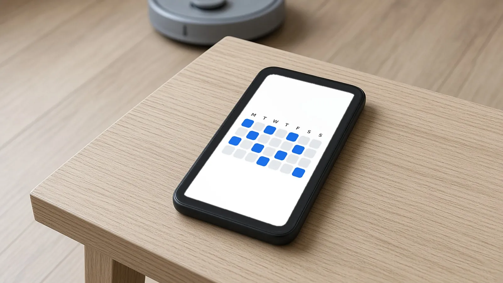 Phone screen with a simple weekly schedule grid next to a robot vacuum on the floor