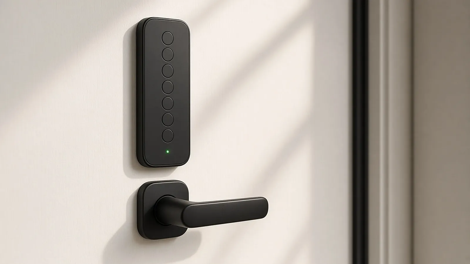 Unbranded smart lock on a white front door with a small green status light