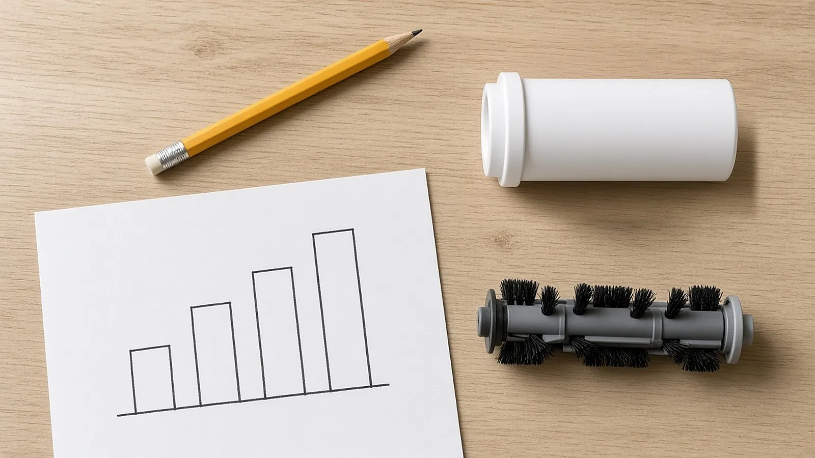 Hand-drawn bar chart with four unlabeled bars next to a replacement filter and brush roll