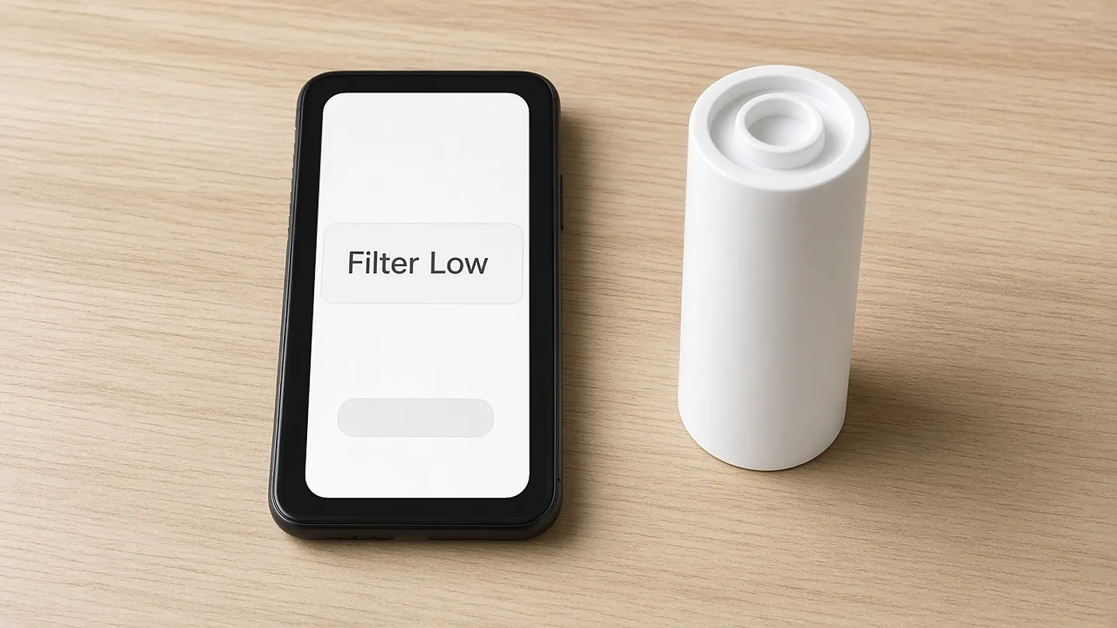 Phone screen showing a simple Filter Low notification next to a replacement filter