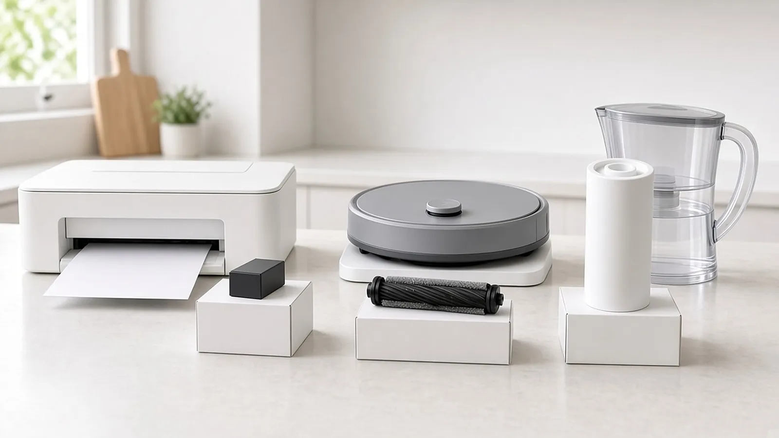 Unbranded printer, robot vacuum dock and water filter pitcher on a counter, each beside a box with its replacement part