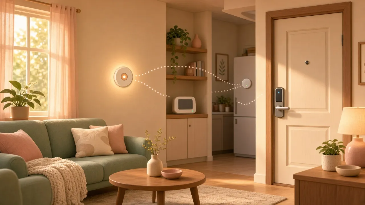 Cozy smart home with a thermostat, smart lock and sensor connected to a home hub