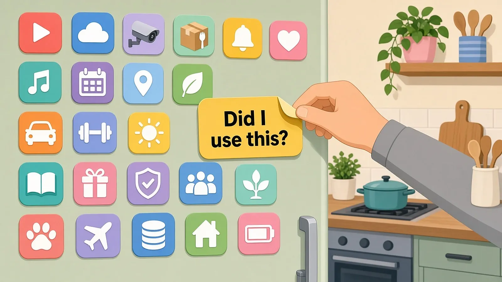Fridge covered in app-style icon magnets as a hand peels off a yellow one that reads "Did I use this?"
