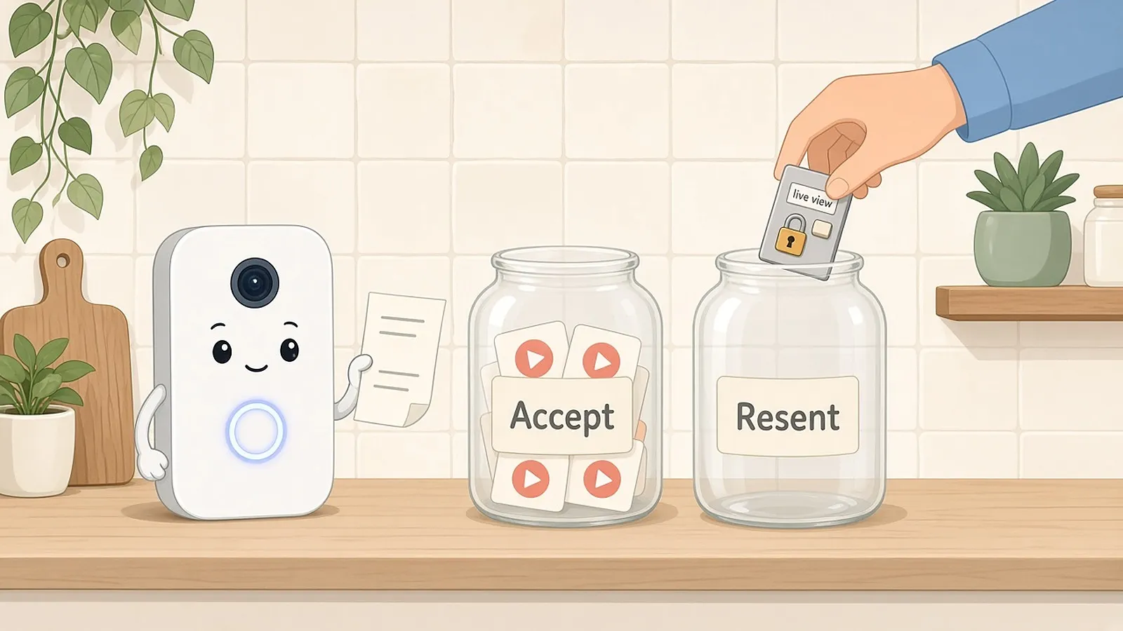 Cartoon smart doorbell holding a tiny bill next to Accept and Resent jars, as a hand drops a locked live view card into Resent