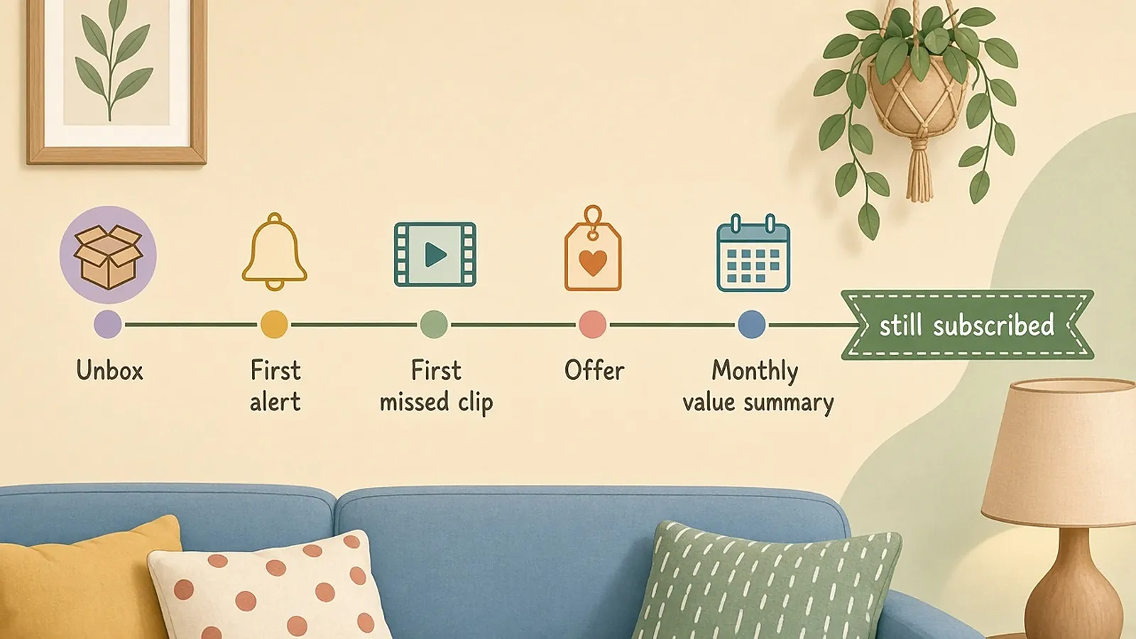 Timeline from Unbox, First alert, First missed clip and Offer to Monthly value summary, ending in a still subscribed ribbon
