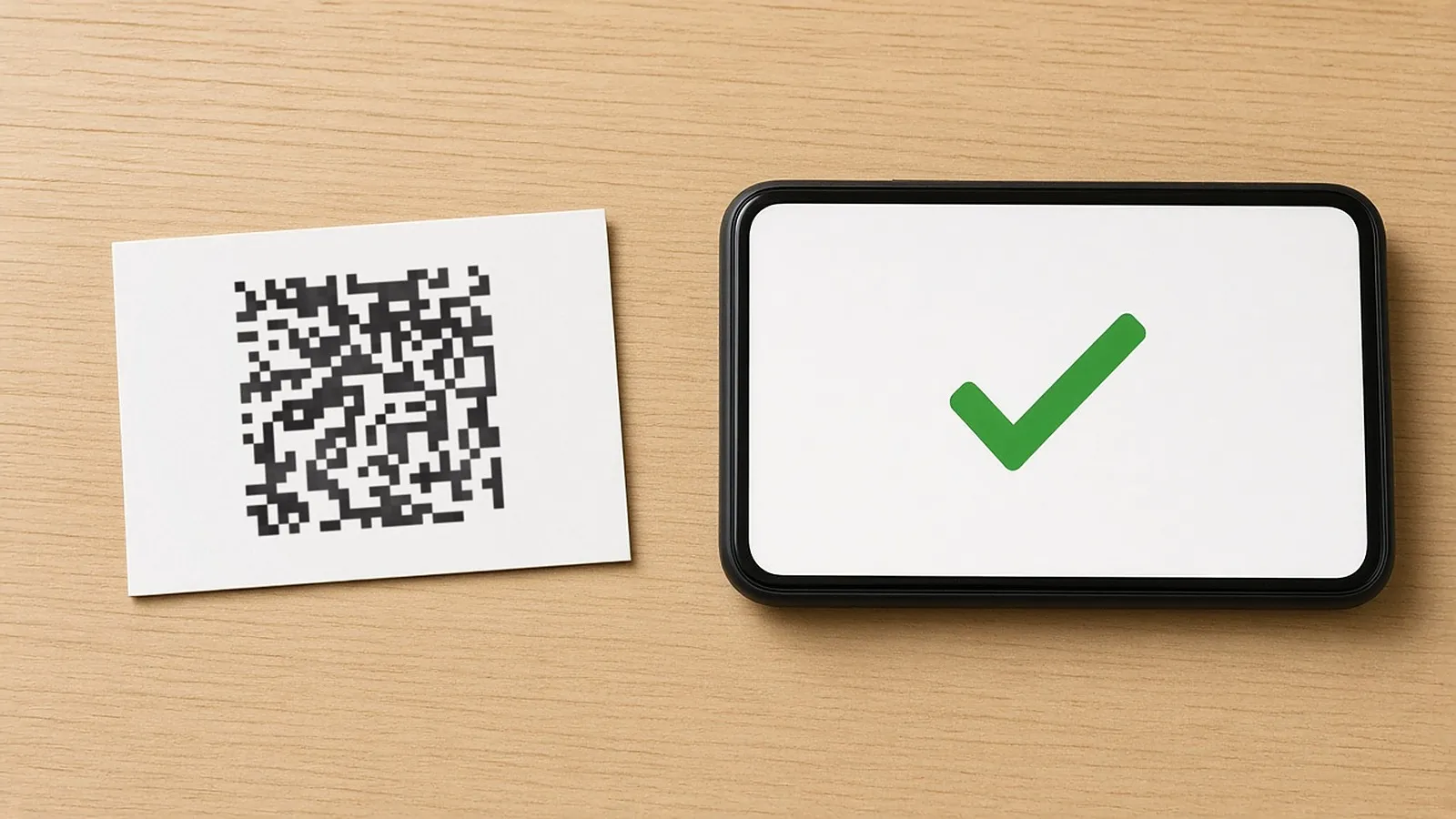 Quick-start card with a QR code next to a plain phone screen showing a green check mark