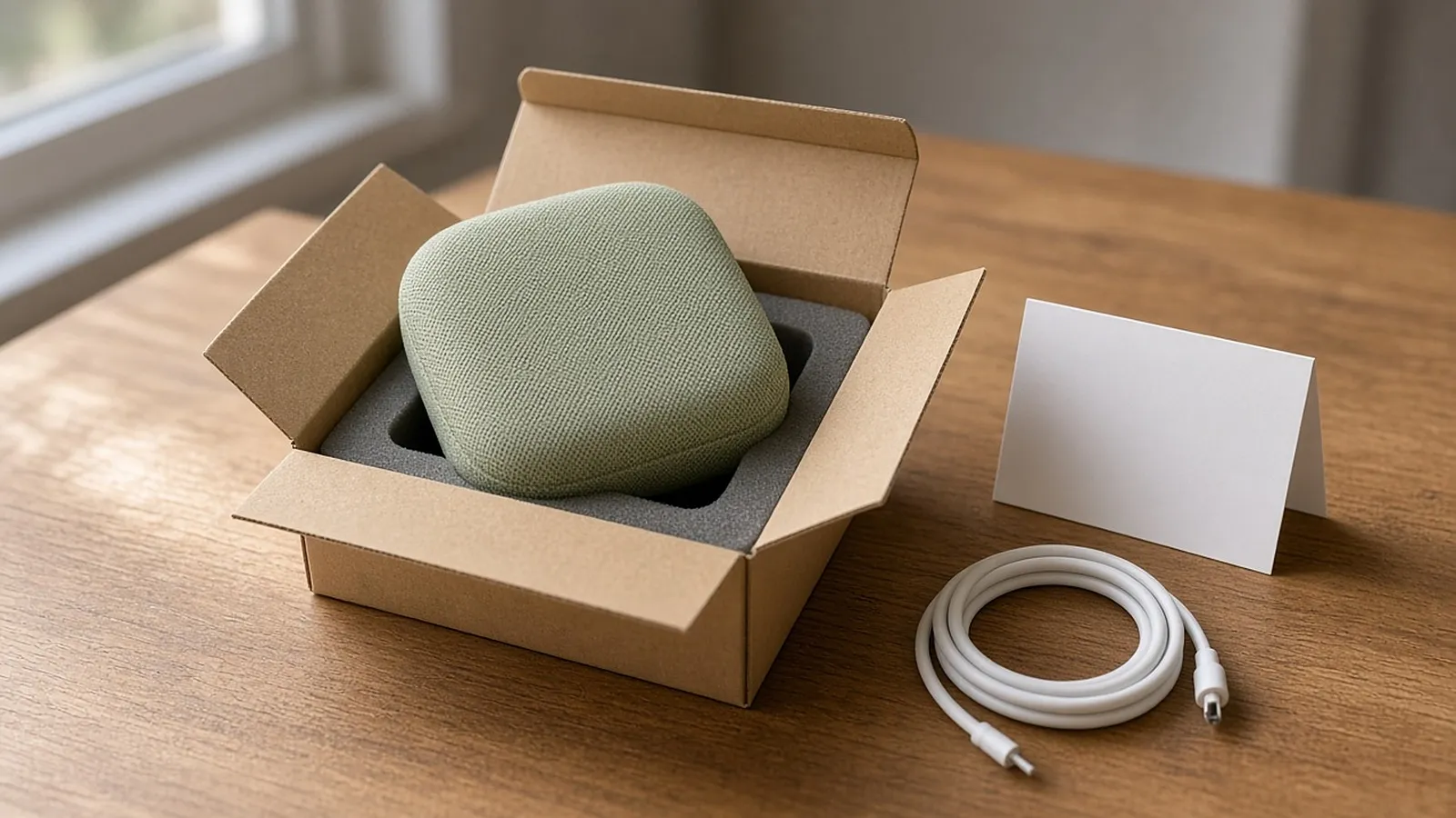 Open plain cardboard box with an unbranded smart speaker in its foam insert and a blank quick-start card beside it