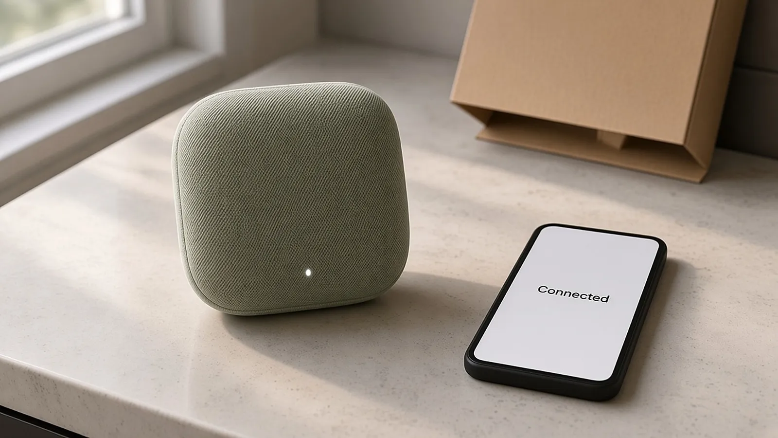 Smart speaker with a small lit status dot next to a phone screen that says Connected