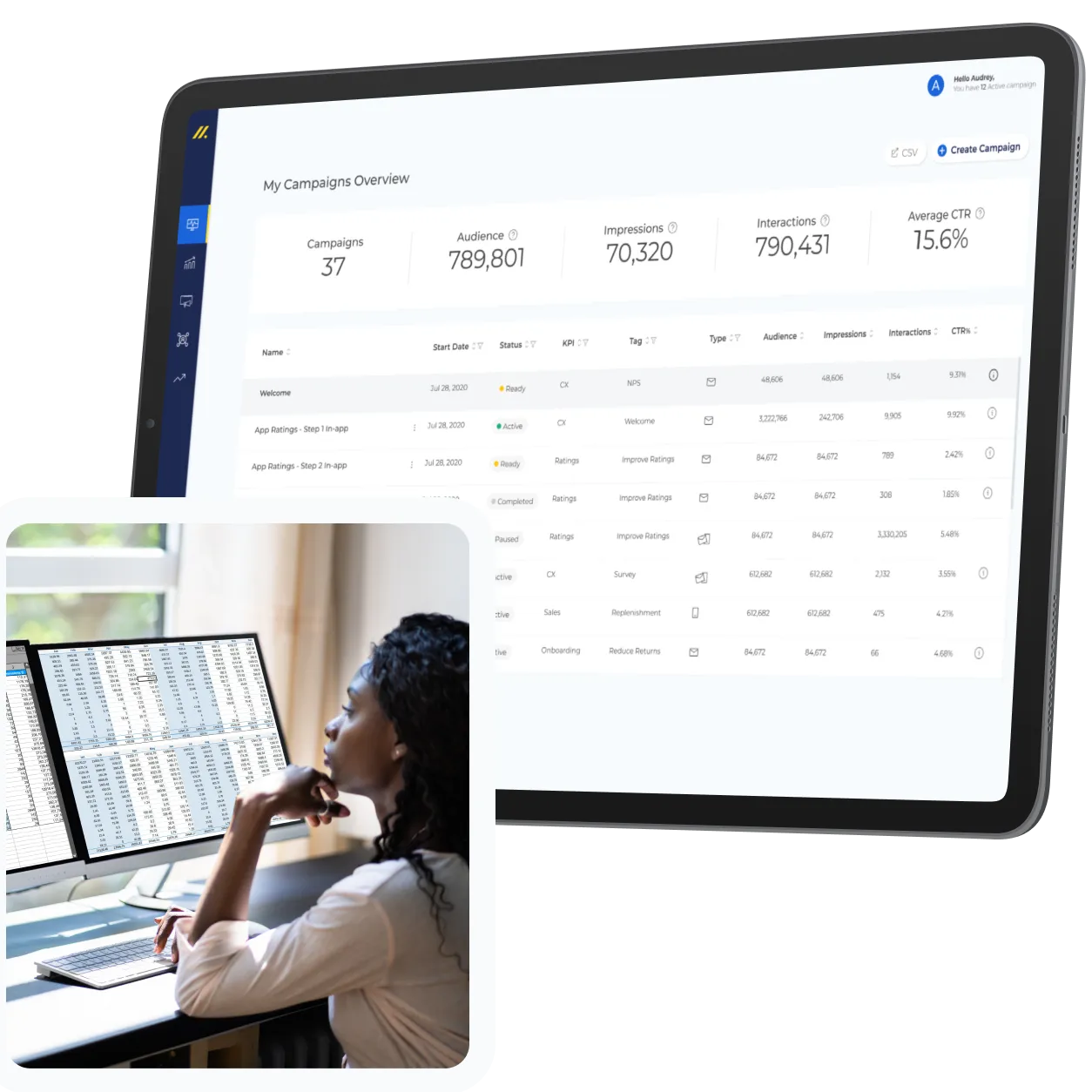 Tablet showing a customer data dashboard, with an inset photo of a woman working at a computer