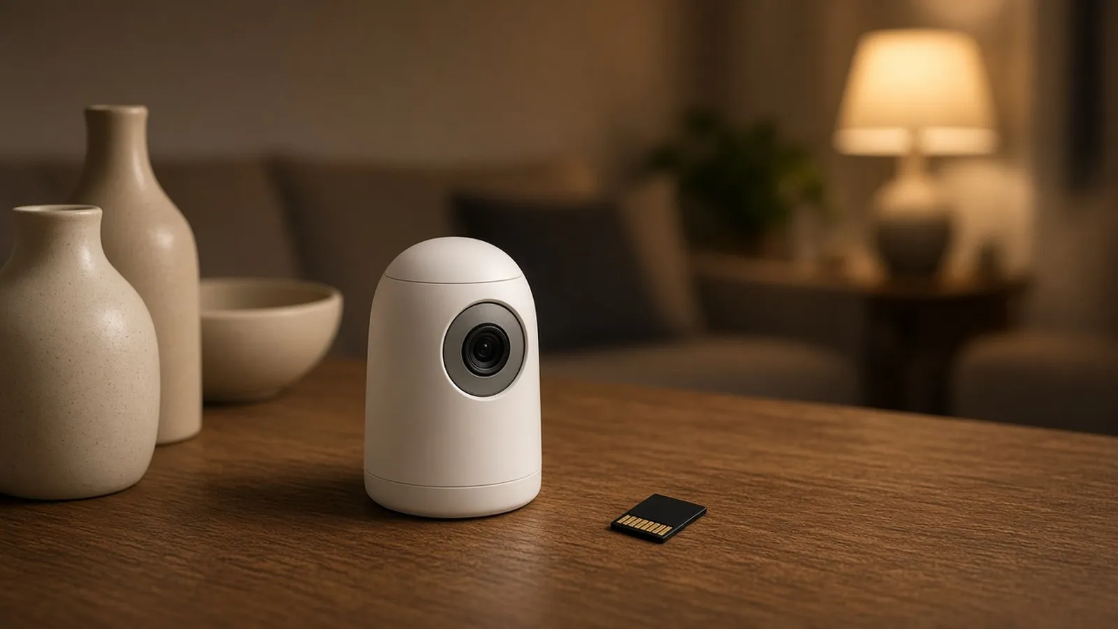 An unbranded white security camera on a wooden table with a blank microSD card lying beside it.
