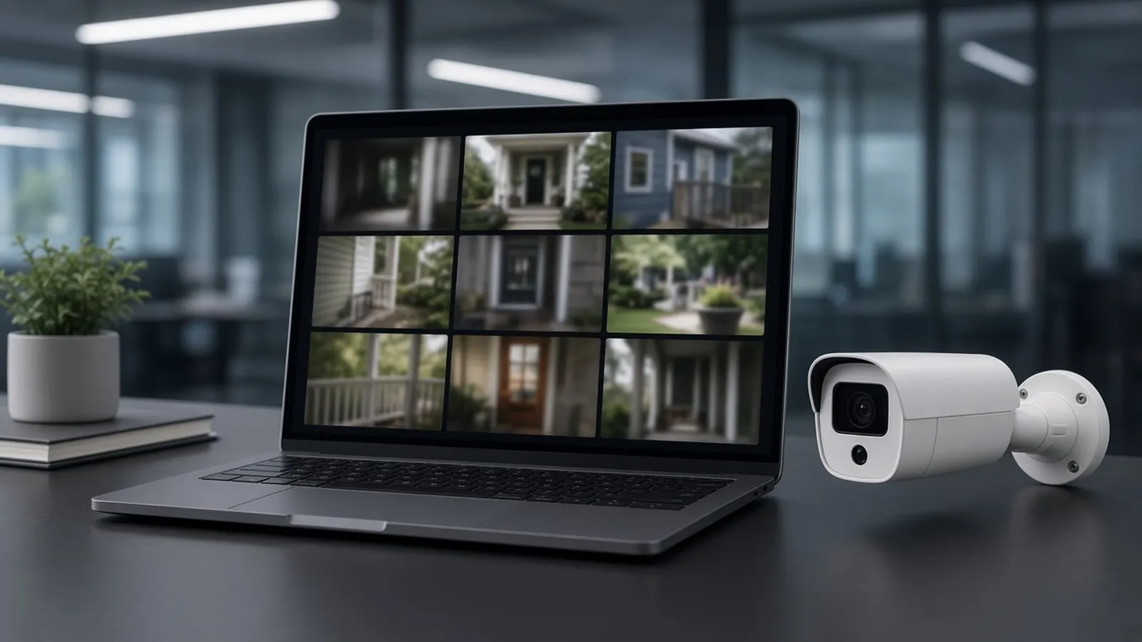 An unbranded outdoor camera beside a laptop showing a grid of blurred video thumbnails.