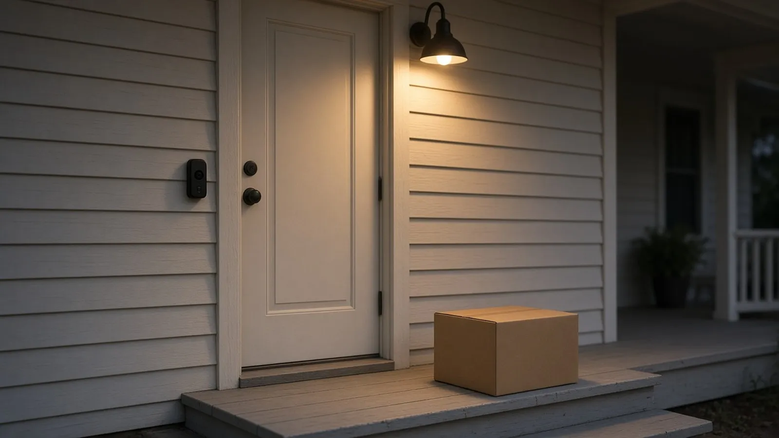 An unbranded doorbell camera beside a front door at dusk, with an unlabeled parcel on the step.