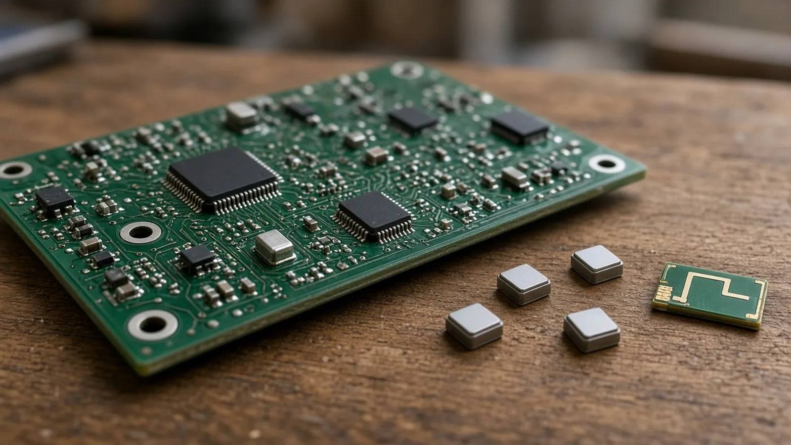 Close-up of an unbranded circuit board and small unmarked chip packages on a wooden workbench.
