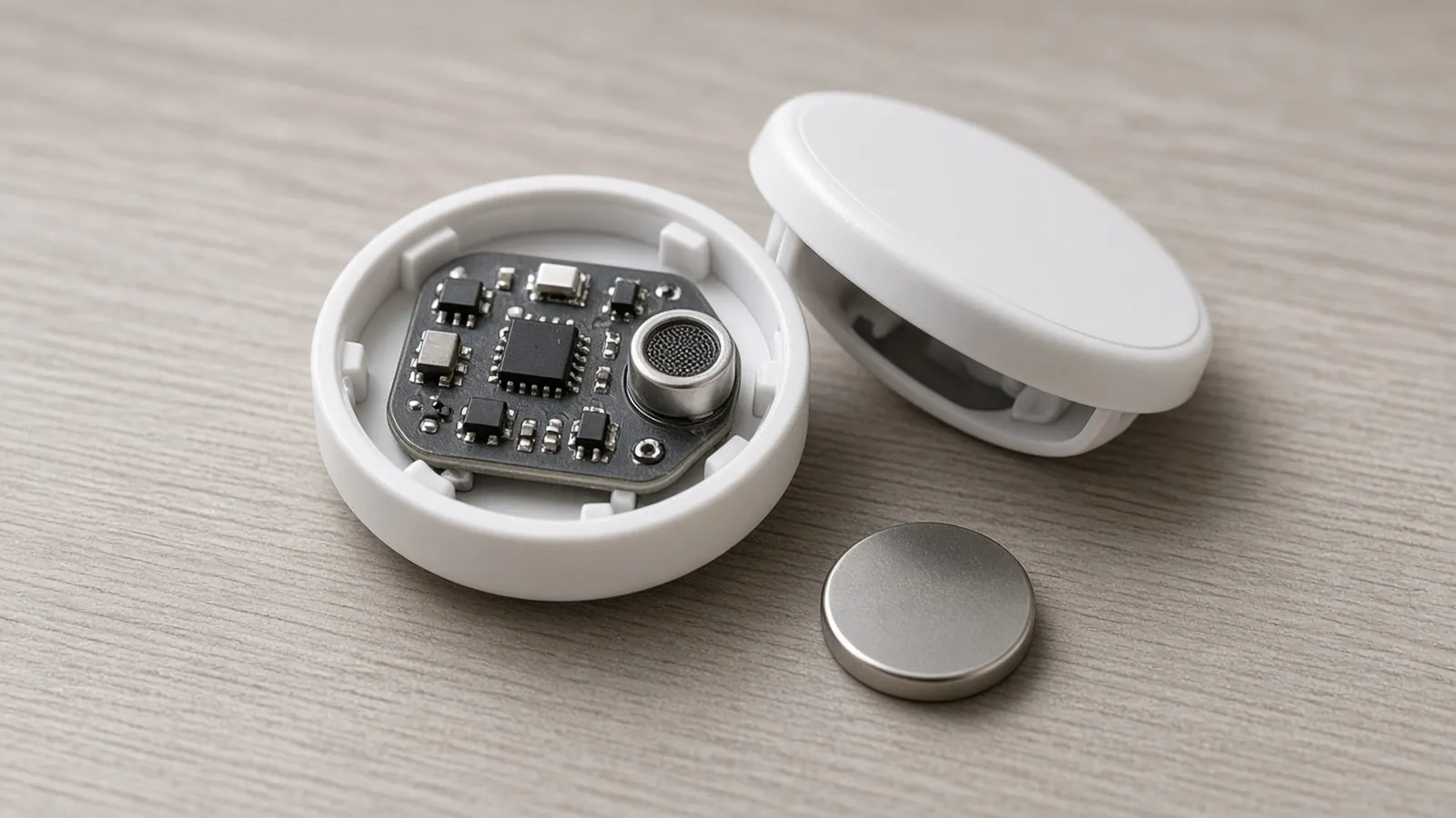 An opened, unbranded battery-powered sensor showing its circuit board, next to a coin cell battery.
