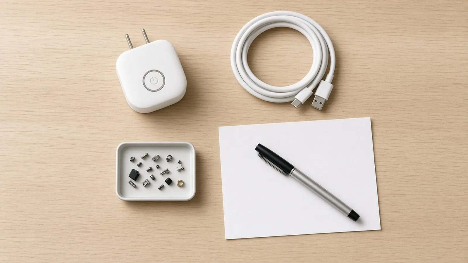 Overhead view of an unbranded smart plug, a coiled cable, a tray of spare parts and a blank sheet of paper on a desk.