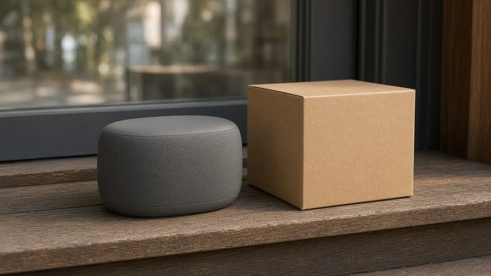 Unbranded wireless speaker beside a plain shipping box on a wooden doorstep.