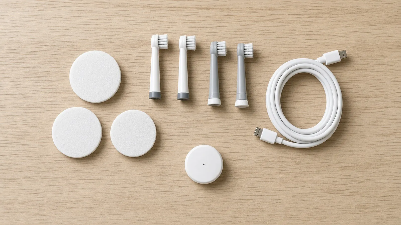 Overhead view of plain round filter pads, spare brush heads, a coiled cable and an unbranded sensor on a wooden table.