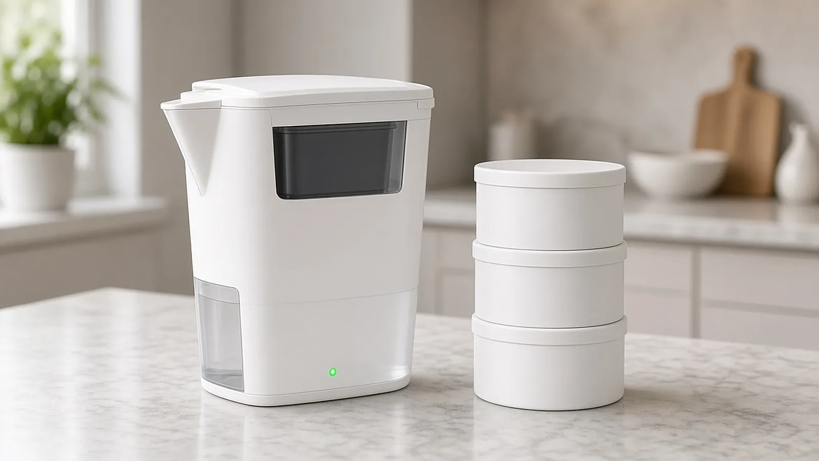 An unbranded white water filter pitcher with a green status light on a kitchen counter beside a stack of plain white filter cartridges.
