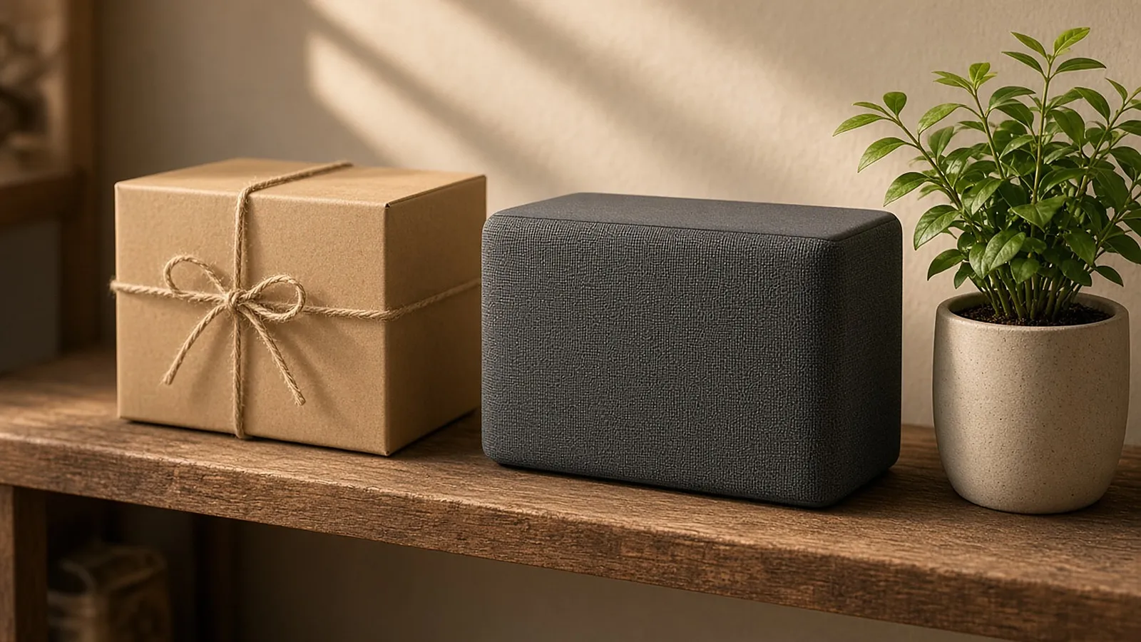A plain gift box tied with twine beside an unbranded smart speaker and a small plant on a wooden shelf.