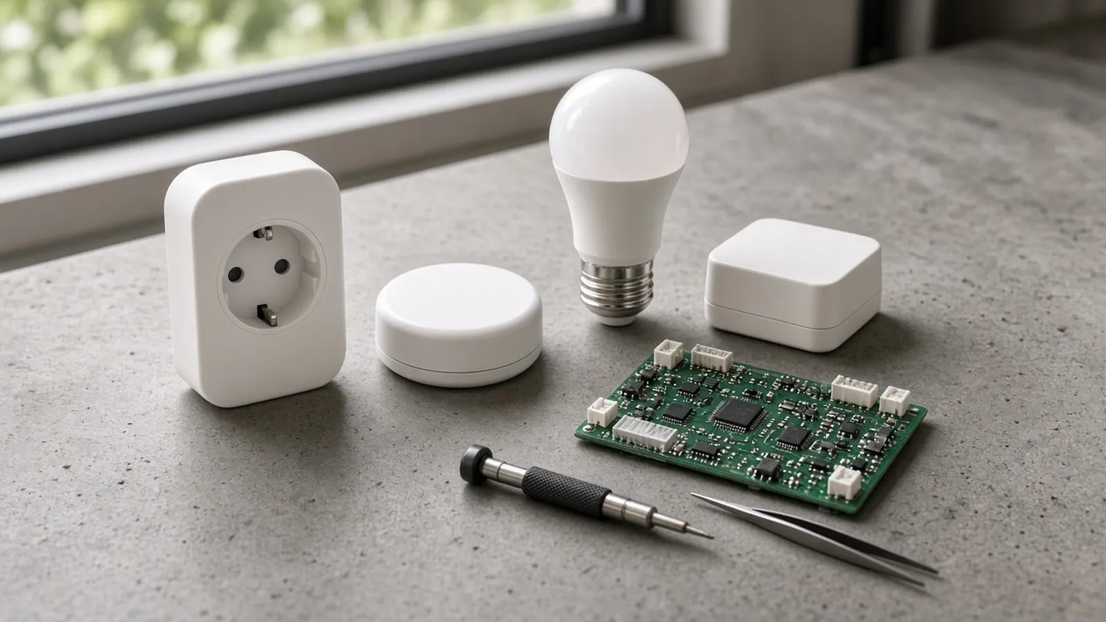 Generic smart home devices and an open circuit board on an engineer's workbench.